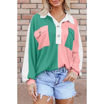 Pink Colorblock Ribbed Collared Oversized Sweatshirt