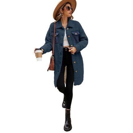 Blue Contrast Flap Pocket Single Breasted Teddy Coat
