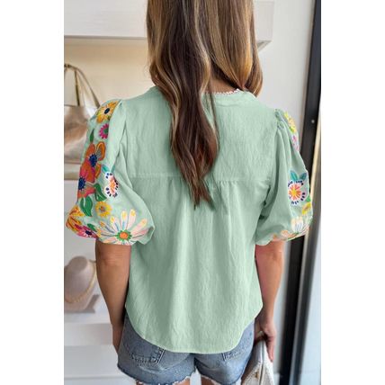 Clearly Aqua Floral Embroidered Puff Sleeve Split Neck Blouse