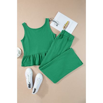 Green Solid Color Ribbed Ruffle Tank Top and Pants Set