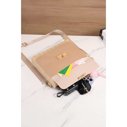 Thai Curry Leather Pocket Patchwork Straw Woven Shoulder Bag