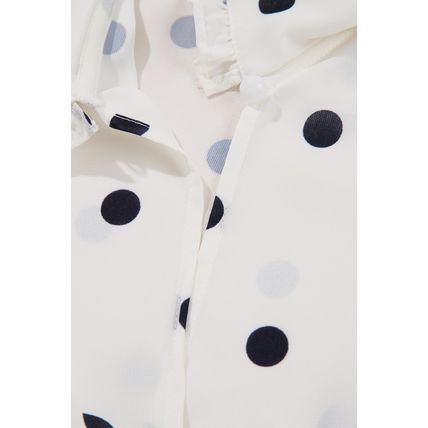 White Polka Dot Collared Lace up Font Puff Sleeve Peplum Top