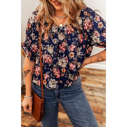 Blue Floral Short Sleeve Scoop Neck Casual Blouse
