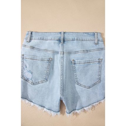 Beau Blue High Rise Distressed Raw Hem Denim Shorts
