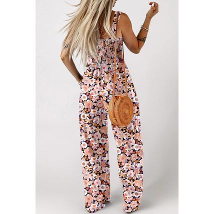 Black Floral Print Smocked High Waist Square Neck Jumpsuit