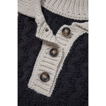 Multicolour Color Block Cable Knit Sleeve Buttons Collared Sweater