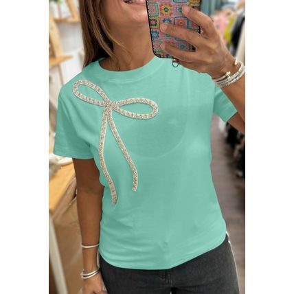 Mint Green Rhinestone Bow Embellished Round Neck Tee