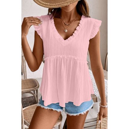 Light Pink Textured Ruffled Trim V Neck Flutter Flowy Top