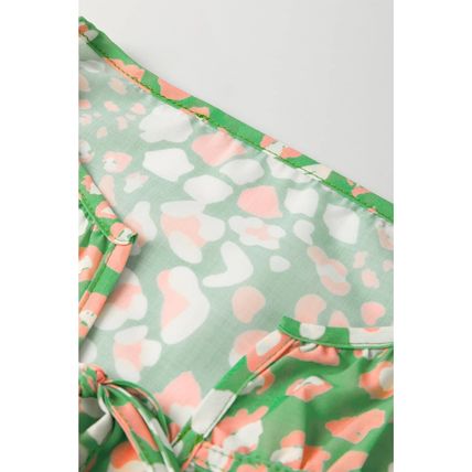Green Abstract Leopard Tied Front Flutter Sleeve Blouse