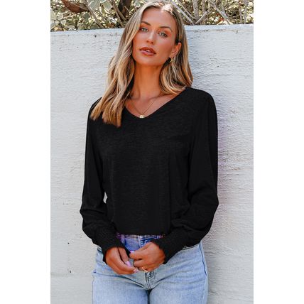 Black Shirred Shoulder Frilled Cuffs Long Sleeve Top