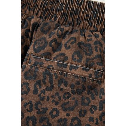 Brown Leopard Print Elastic Waist Drawstring Denim Skort
