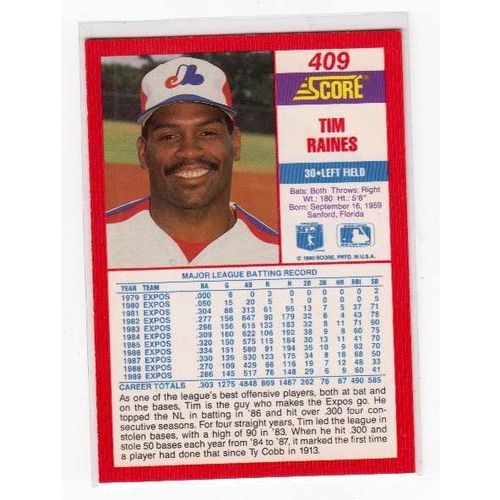 1990 Score Tim Rock Raines baseball card #409 – Expos