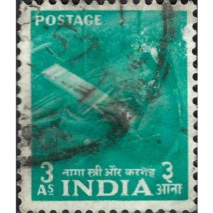 INDIA, Naga Woman Weaving with Hand Loom, green 1955, 3anna, #5