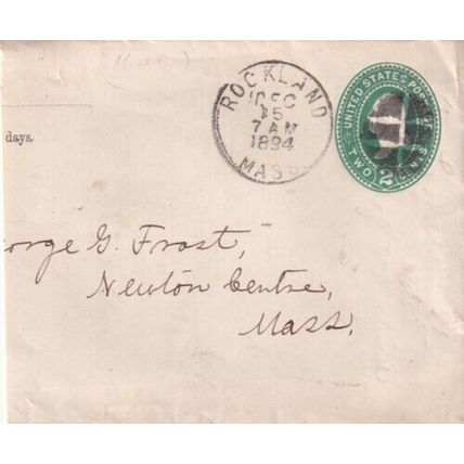 United States 1894 Rockland MASS-Newton Centre MASS On Piece Rockland cancel VGC