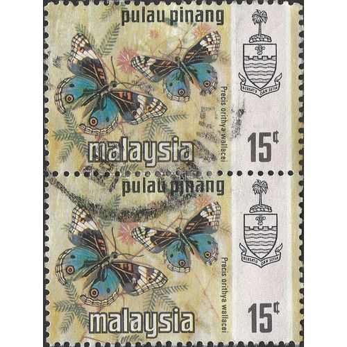 PENANG, MALAYSIA, BUTTERFLY, Blue Pansy, pair, light brown 1971, 15c