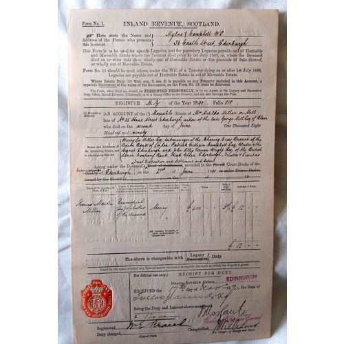 Inland Revenue probate receipt 1890 Mitilda Millar from Edinburgh