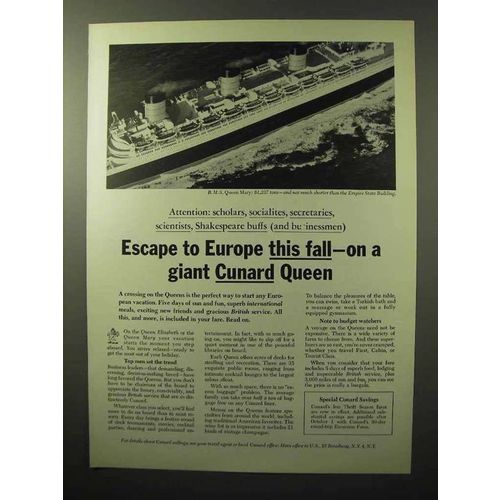 1964 Cunard Queen Mary Cruise Ad - Escape to Europe