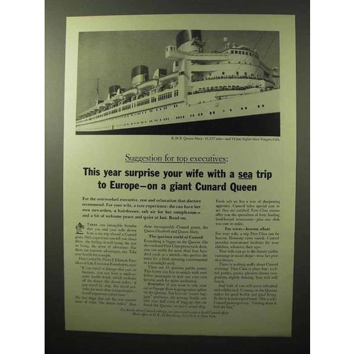 1964 Cunard Queen Mary Cruise Ad - Surprise Your Wife