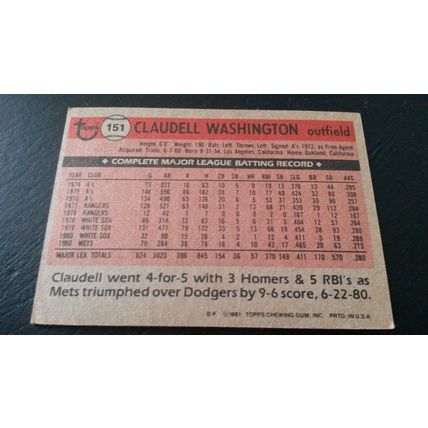 1981 Topps Card # 151 Claudell Washington Very Good-Excellent (4) New York Mets