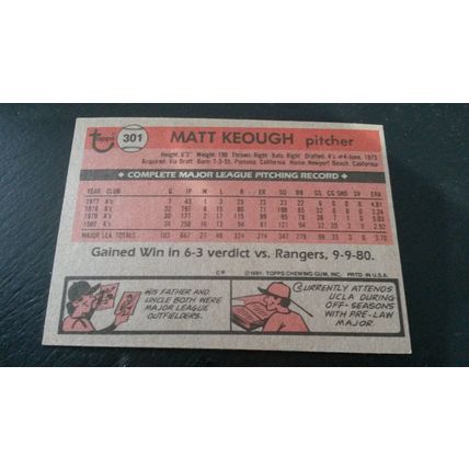 1981 Topps Card # 301 Matt Keough Very Good-Excellent (4) Oakland Athletics