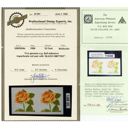 3054e, MNH 32¢ Black Omitted Imperforate Error Pair With PSE - Stuart Katz