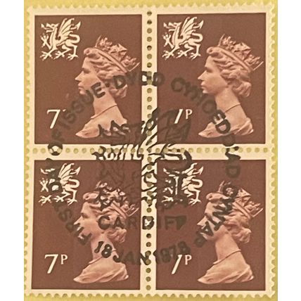 Great Britain QEII 1978 Wales 7p Purple Brown Block 4 Used SG W23 Sc WMMH8 stamp