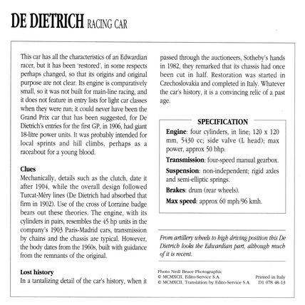 Collectors Club card. Classic Cars. De Dietrich Racing Car