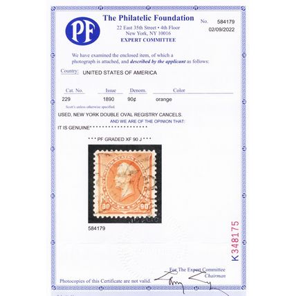 229, Used XF 90¢ Perry - With Graded 90J JUMBO PFC Certificate * Stuart Katz