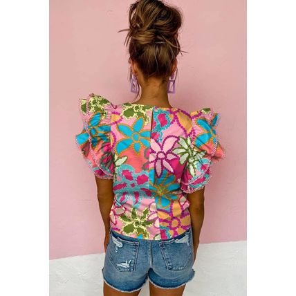 Multicolor Vibrant Floral Print Trimmed Ruffle Sleeve Blouse