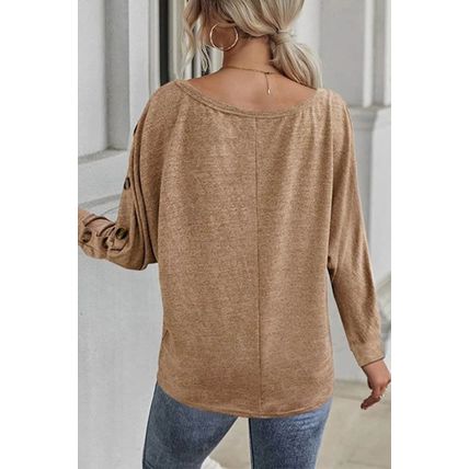 Khaki Solid Color Button Decor Dolman Sleeve Top