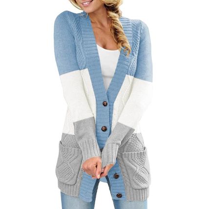 Blue Front Pocket and Buttons Closure Cardigan