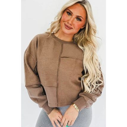 Coffee Solid Exposed Seam Pullover Sweatshirt