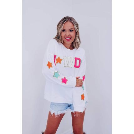 White Glitter Howdy Patch Graphic Casual Sweatshirt