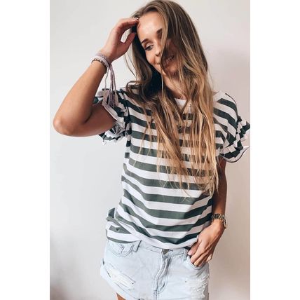 Sea Green Striped V Neck Ruffle Sleeve Top