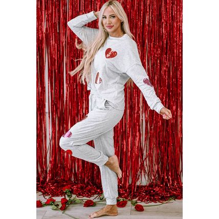 Gray Sequin Valentine Heart Pattern Pullover Jogger Pants Set