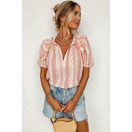 Red Frilled Short Puff Sleeve Mixed Print Blouse