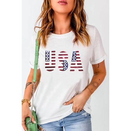 White USA Flag Sequin Patched Round Neck T Shirt