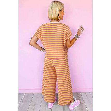 Yellow Stripe Rainbow Tee Tasseled String Wide Leg Pants Set