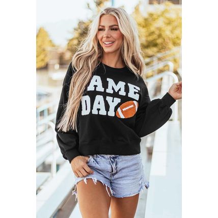 Black GAME DAY Graphic Varsity Pullover Sweatshirt