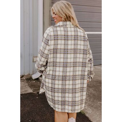 White Plaid Print Tunic Plus Size Shacket with Slits