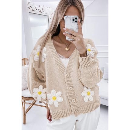 Parchment Elegant Flower Decor Button Front Cardigan