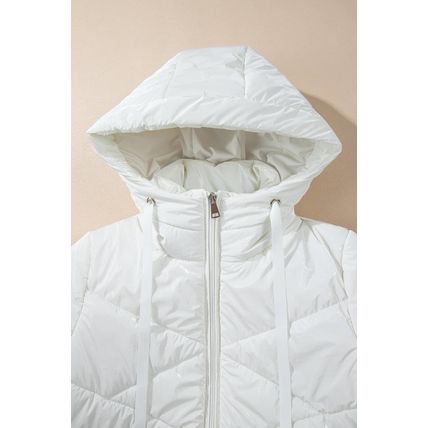 White Solid Quilted Hooded Zip Up Puffer Coat