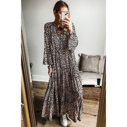 Apricot Leopard Print Tiered Wide Sleeve Maxi Dress