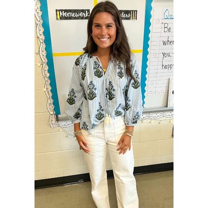 Beau Blue Striped Floral Printed Long Sleeve Tied V Neck Blouse