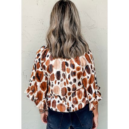 Brown Metallic Threading Accents Pleated Abstract Printed Ruffled 3/4 Sleeve Blo