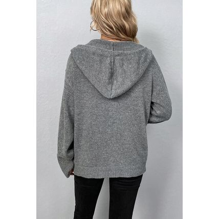Medium Grey Drawstring Hooded Button Up Drop Shoulder Sweater Cardigan
