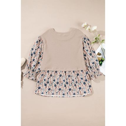 Beige Faux Two Piece Knit Patchwork Floral Print Plus Size Top