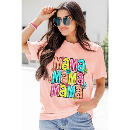 Pink Colorful MaMa Letter Graphic T Shirt
