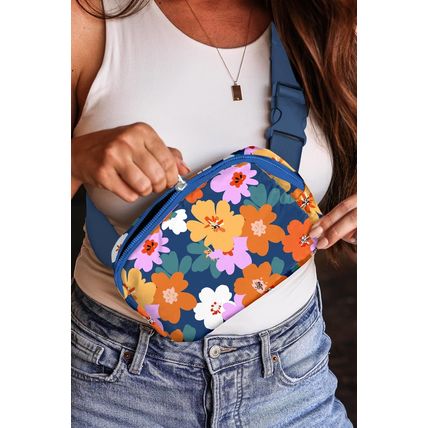 Sail Blue Flower Print Zipper Buckle Wide Strap Sling Bag