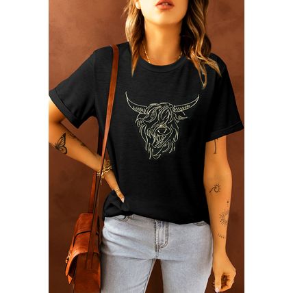 Black Western Bull Head Embroidered Pattern T Shirt